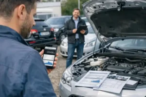 Kupujący stoi przy sprowadzonym aucie na komisie, porównuje wskazanie licznika z raportem historii pojazdu na smartfonie, obok otwarta maska i sprzedawca w tle. Wokół widoczne inne samochody z zagranicznymi tablicami oraz dokumenty wyceny auta rozłożone na masce.