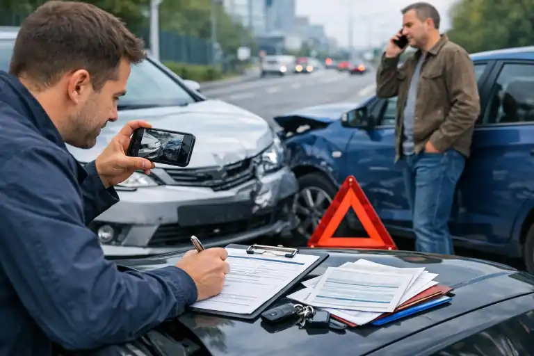 Pobocze miejskiej drogi tuż po niewielkiej kolizji, dwa lekko uszkodzone samochody stoją obok siebie, a kierowca robi zdjęcia uszkodzeń smartfonem i wypełnia formularz szkody na masce auta. Obok widoczne dokumenty ubezpieczeniowe, trójkąt ostrzegawczy i drugi uczestnik zdarzenia rozmawiający przez telefon, co podkreśla porządkowanie formalności po stłuczce.