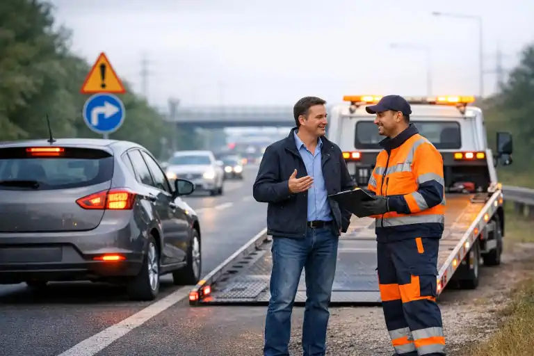 Unieruchomiony samochód stoi na poboczu drogi z włączonymi światłami awaryjnymi, obok kierowca rozmawia spokojnie z pracownikiem pomocy drogowej przy gotowej do załadunku lawecie. W tle widoczne są znaki drogowe i ruch uliczny, podkreślające sytuację awaryjną, bezpieczeństwo i profesjonalną usługę holowania.