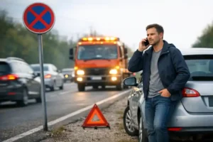 Unieruchomiony samochód osobowy stoi na poboczu ruchliwej drogi, obok kierowca rozmawia przez telefon z pomocą drogową, a w tle zbliża się laweta z włączonymi światłami ostrzegawczymi. Na drugim planie widoczny znak zakazu zatrzymywania i przejeżdżające auta, co podkreśla ryzyko mandatu, stres i potrzebę szybkiego holowania.