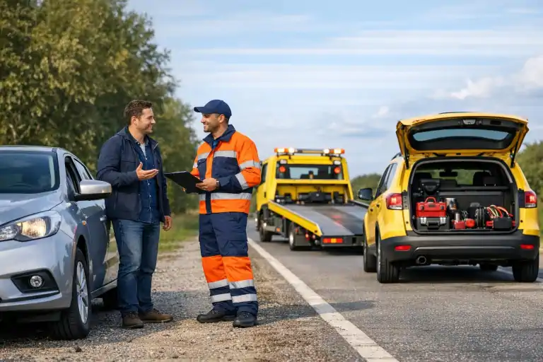 Samochód osobowy stoi unieruchomiony na poboczu drogi, obok kierowca rozmawia z pracownikiem pomocy drogowej, a w tle widać lawetę gotową do holowania. Na drugim planie widoczny jest samochód assistance z otwartym bagażnikiem i sprzętem, co podkreśla różnicę między naprawą na miejscu a odholowaniem pojazdu.