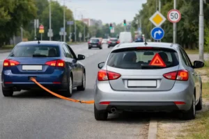 Dwa samochody osobowe holowane na lince na poboczu miejskiej drogi, kierowcy zachowują bezpieczny odstęp, a w holowanym aucie widoczny jest włączony trójkąt ostrzegawczy za szybą. W tle znaki drogowe i spokojny ruch uliczny podkreślają legalne, prawidłowe holowanie bezpieczne dla auta.