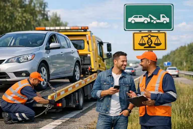 Auto osobowe unieruchomione na poboczu drogi jest podpinane do lawety, obok stoi kierowca rozmawiający z pracownikiem pomocy drogowej i sprawdzający coś w telefonie. W tle widoczna trasa, znak drogowy i sytuacja sugerująca porównywanie kosztów holowania oraz szybkie rozwiązanie awarii bez stresu.