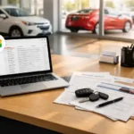Laptop z otwartą skrzynką Gmail na biurku w biurze skupu samochodów, obok kluczyki i dokumenty pojazdu — profesjonalna obsługa klienta w branży motoryzacyjnej.