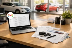 Laptop z otwartą skrzynką Gmail na biurku w biurze skupu samochodów, obok kluczyki i dokumenty pojazdu — profesjonalna obsługa klienta w branży motoryzacyjnej.