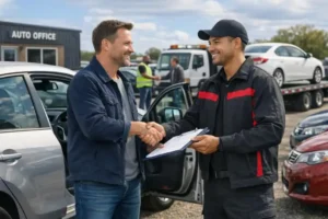 Właściciel samochodu przekazuje dokumenty pracownikowi skupu na placu z używanymi autami, obok stoi auto bez kluczyków z otwartymi drzwiami i widocznym wnętrzem. W tle biuro skupu, laweta oraz gest uzgadniania warunków transakcji podkreślający szybką i bezpieczną sprzedaż.