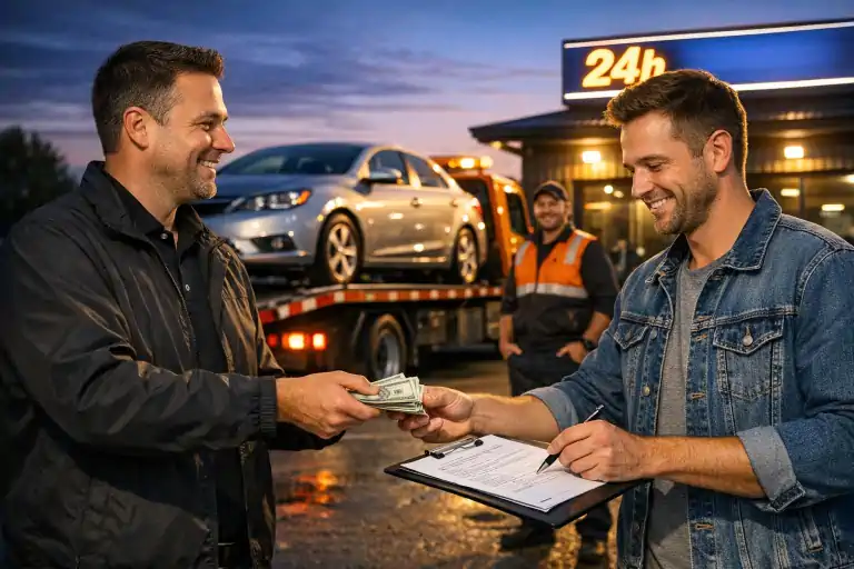 Pracownik skupu aut podaje gotówkę i dokument do podpisu właścicielowi samochodu stojącemu obok lawety, na parkingu przed punktem skupu o zmierzchu. W tle widoczny samochód przygotowany do odbioru, kierowca lawety i podświetlony szyld sugerujący całodobową obsługę.