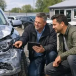 Uszkodzony samochód po kolizji stoi na placu skupu, a rzeczoznawca z tabletem i właściciel auta oglądają wgnieciony bok oraz przód pojazdu. W tle widać inne auta powypadkowe i biuro skupu, co podkreśla proces wyceny i sprzedaży auta po wypadku.