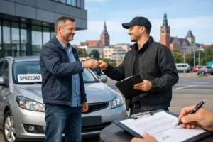 Mężczyzna w Szczecinie przekazuje kluczyki do używanego samochodu pracownikowi skupu aut na parkingu przed biurem, obok stoi auto z kartką sprzedaż i podpisywana umowa. W tle miejska zabudowa i spokojna, konkretna atmosfera szybkiej, bezproblemowej transakcji.