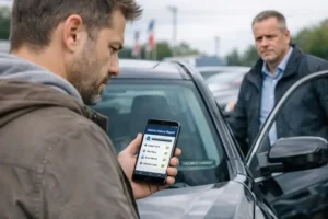 Mężczyzna ogląda używany samochód na komisie, trzyma smartfon z otwartym raportem VIN, a sprzedawca stoi obok pojazdu z lekko napiętą miną. W tle widoczny numer VIN przy przedniej szybie lub na słupku drzwi, podkreślający sprawdzanie historii auta przed zakupem.