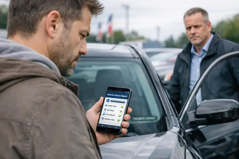 Mężczyzna ogląda używany samochód na komisie, trzyma smartfon z otwartym raportem VIN, a sprzedawca stoi obok pojazdu z lekko napiętą miną. W tle widoczny numer VIN przy przedniej szybie lub na słupku drzwi, podkreślający sprawdzanie historii auta przed zakupem.