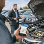 Kupujący ogląda używany samochód na placu lub w komisie, trzyma smartfon z wyświetlonym numerem VIN i raportem historii pojazdu, obok otwarta maska auta. W tle sprzedawca i rząd zaparkowanych samochodów, atmosfera dokładnego sprawdzania stanu technicznego przed zakupem.
