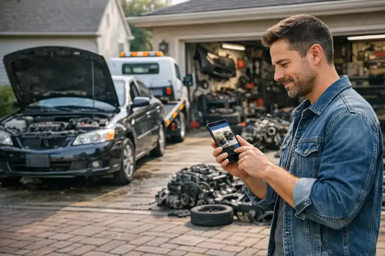 Niesprawny samochód stoi na podjeździe, obok właściciel porównuje ofertę skupu aut na smartfonie, a w tle widać lawetę i otwarty garaż z wymontowanymi częściami samochodowymi. Scena pokazuje wybór między sprzedażą auta w całości do skupu a rozbieraniem go na części, z naciskiem na oszczędność czasu, pieniędzy i spokoju.