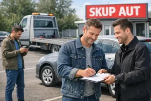 Właściciel auta stoi obok używanego samochodu i podpisuje umowę z pracownikiem skupu na parkingu przed biurem, obok widoczna laweta i tablica z napisem skup aut. W tle drugi kierowca ogląda ogłoszenie sprzedaży prywatnej w telefonie, podkreślając wybór między czasochłonną sprzedażą a szybką transakcją bez stresu.