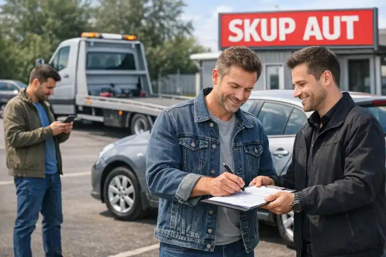 Właściciel auta stoi obok używanego samochodu i podpisuje umowę z pracownikiem skupu na parkingu przed biurem, obok widoczna laweta i tablica z napisem skup aut. W tle drugi kierowca ogląda ogłoszenie sprzedaży prywatnej w telefonie, podkreślając wybór między czasochłonną sprzedażą a szybką transakcją bez stresu.