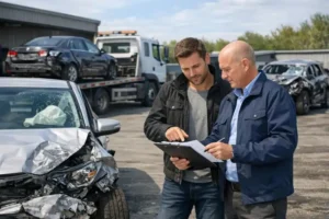 Uszkodzony samochód po poważnej kolizji stoi na parkingu przy warsztacie lub placu ubezpieczyciela, obok właściciel analizuje dokumenty odszkodowania z rzeczoznawcą. W tle laweta i osobno widoczny wrak auta przygotowany do sprzedaży, co podkreśla temat szkody całkowitej i wyceny pozostałości.