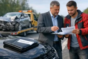 Uszkodzony samochód po kolizji stoi przy drodze, obok rzeczoznawca i kierowca analizują dokumenty oraz kosztorys szkody, a na masce leży teczka z polisą ubezpieczeniową. W tle widać lawetę i drugi mocno rozbity pojazd, sugerujące szkodę całkowitą i ocenę utraty wartości auta.