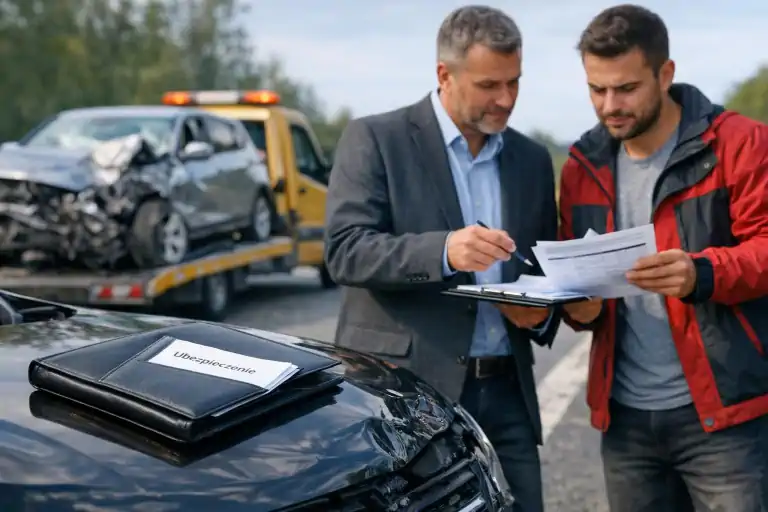 Uszkodzony samochód po kolizji stoi przy drodze, obok rzeczoznawca i kierowca analizują dokumenty oraz kosztorys szkody, a na masce leży teczka z polisą ubezpieczeniową. W tle widać lawetę i drugi mocno rozbity pojazd, sugerujące szkodę całkowitą i ocenę utraty wartości auta.