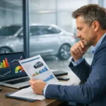 Przedsiębiorca siedzi przy biurku w nowoczesnym biurze, analizuje raport wyceny samochodu obok laptopa z wykresami kosztów i ryzyka. W tle przez szklaną ścianę widać zaparkowane auto, co podkreśla związek między wyceną pojazdu a strategicznymi decyzjami biznesowymi.