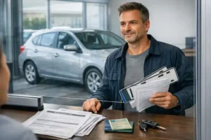 Właściciel samochodu stoi przy okienku w wydziale komunikacji z kompletem dokumentów i tablicą rejestracyjną w dłoni, a przez okno widać zaparkowane auto. Na biurku leżą formularze wyrejestrowania, dowód rejestracyjny i kluczyki, co sugeruje formalności związane z wyrejestrowaniem pojazdu bez złomowania.