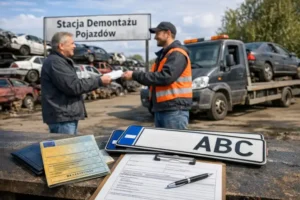 Właściciel starego samochodu stoi na legalnym autozłomie obok lawety i wręcza dokumenty pracownikowi punktu demontażu, a w tle widać przeznaczone do kasacji auta i tablicę z nazwą stacji demontażu. Na pierwszym planie leżą dowód rejestracyjny, tablice rejestracyjne i formularz wyrejestrowania, podkreślając formalne zamknięcie sprawy bez OC.