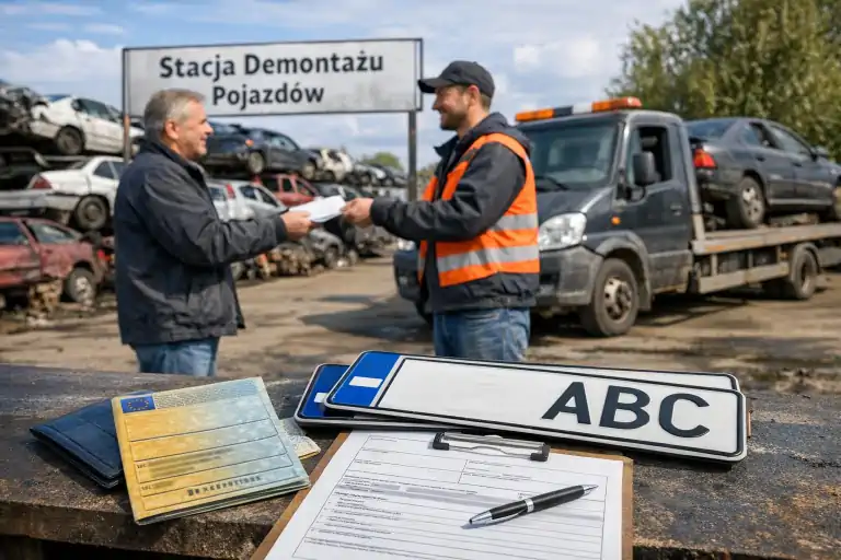Właściciel starego samochodu stoi na legalnym autozłomie obok lawety i wręcza dokumenty pracownikowi punktu demontażu, a w tle widać przeznaczone do kasacji auta i tablicę z nazwą stacji demontażu. Na pierwszym planie leżą dowód rejestracyjny, tablice rejestracyjne i formularz wyrejestrowania, podkreślając formalne zamknięcie sprawy bez OC.